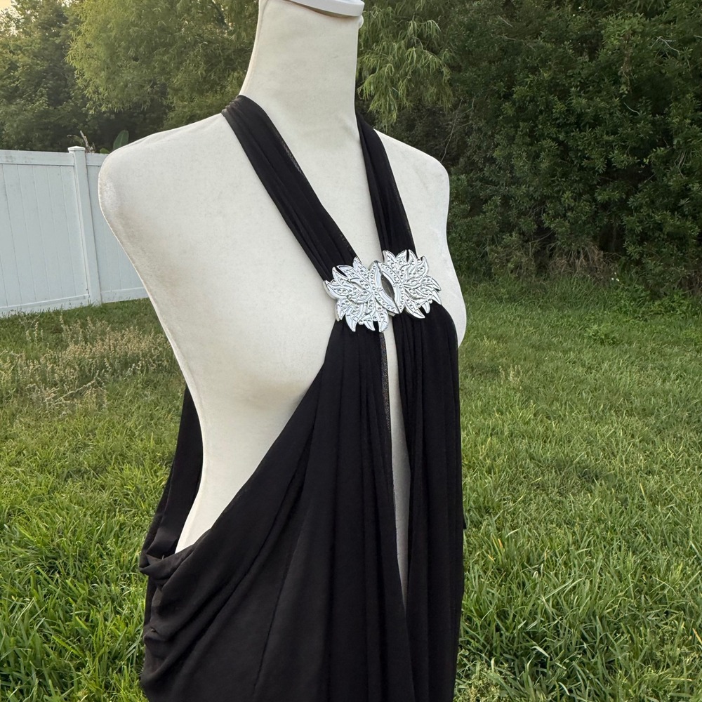 Sheer Mesh Draped Halter Duster Silver Hardware Maxi Dress Women OS Black